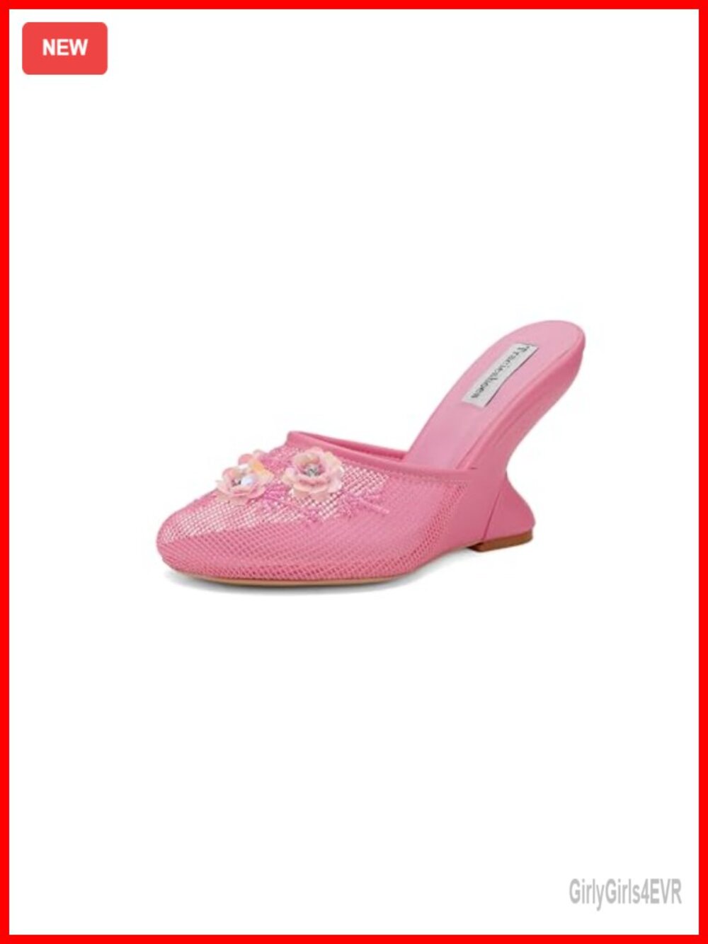Women's Mesh Mule Sandals Floral Sequin Embellished Round Toe Wedge Heel Slip On